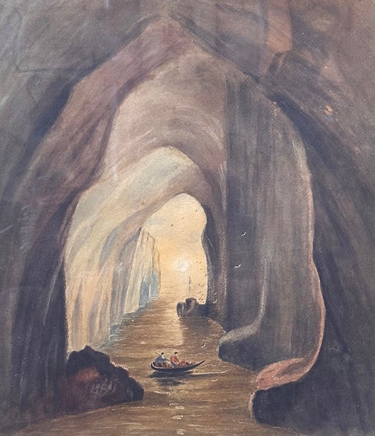 Anonymous, Sea cave with boat and sunset