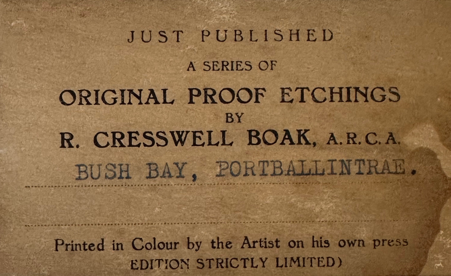 Robert Cresswell Boak (1875-1949), Bush, Bay Co. Antrim