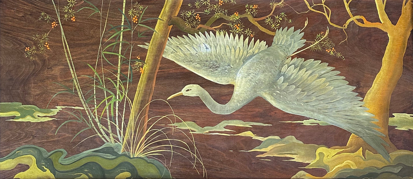 Anonymous, wooden panel with swan and water plants