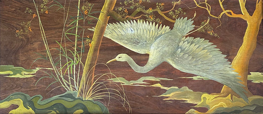 Anonymous, wooden panel with swan and water plants