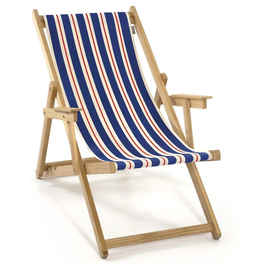 Deck chair with arms: blue, white & red stripes