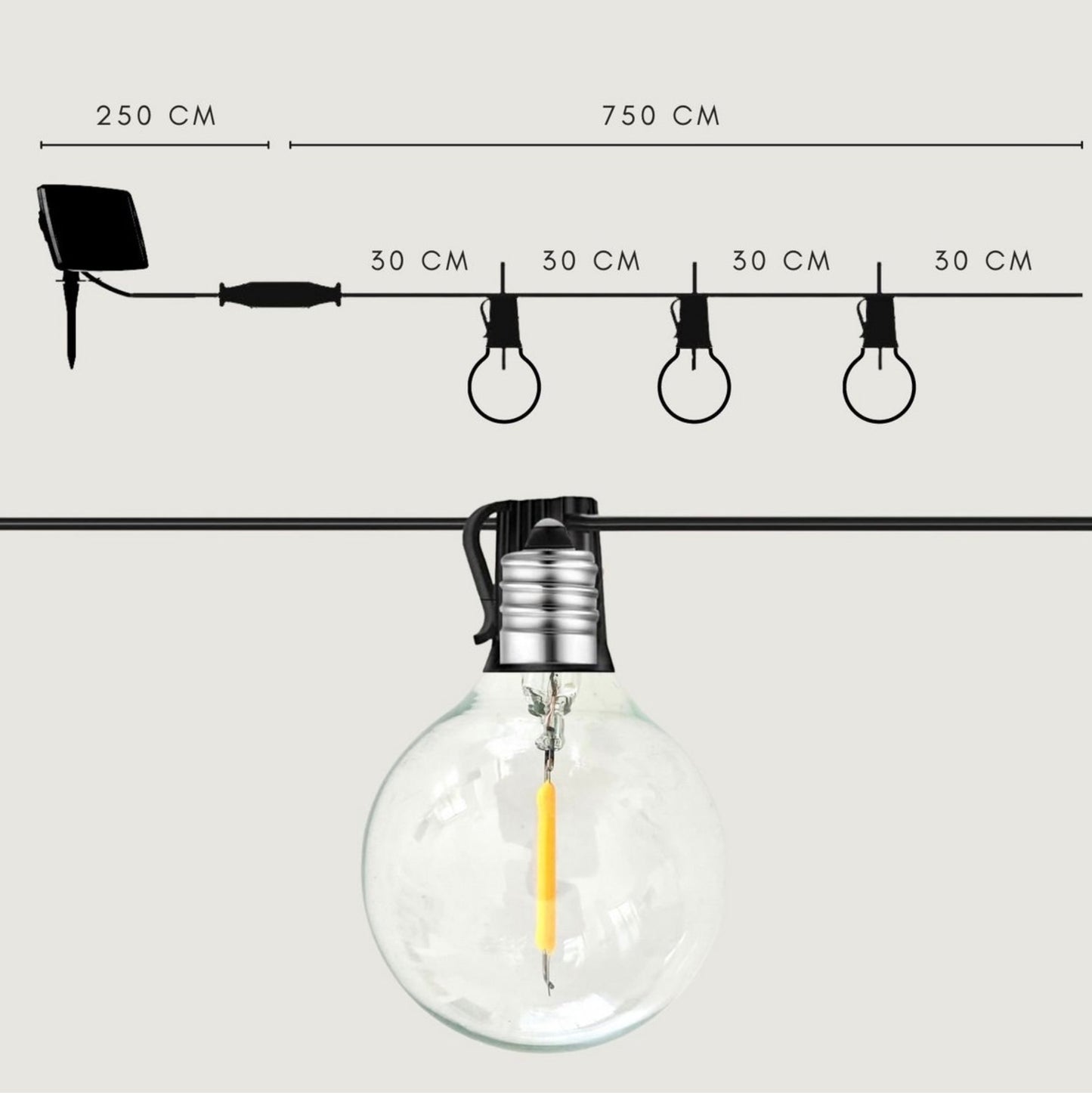 Solar string lights, 25 warm white bulbs, 7.5m length