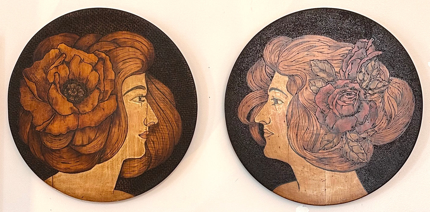 Two Ladies, pokerwork discs (1890-1915)