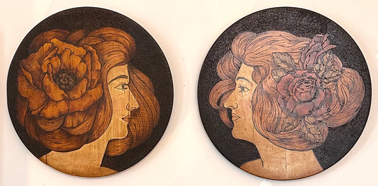 Two Ladies, pokerwork discs (1890-1915)
