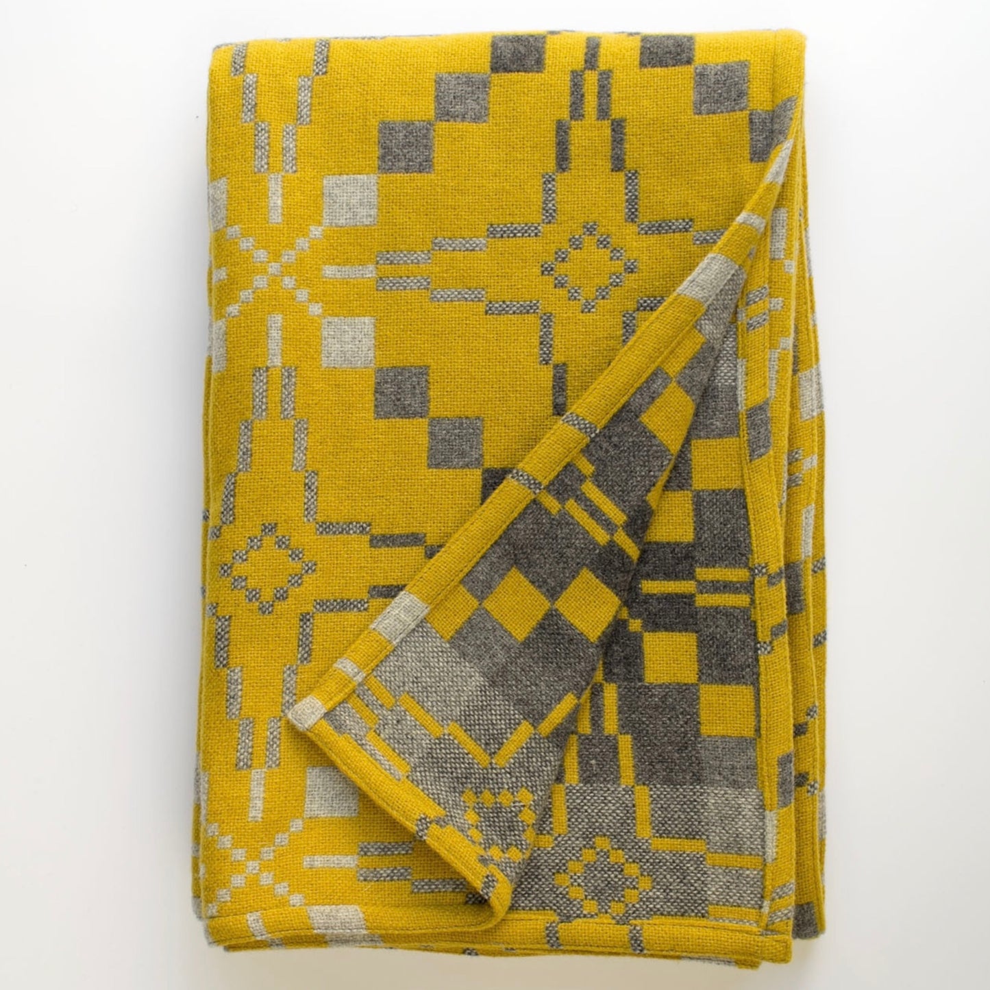 Melin Tregwynt Welsh blanket 'Vintage Star', yellow & grey